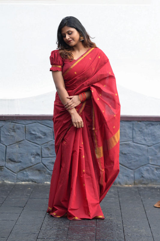 Red with Golden Floral Motifs Soft Silk Cotton Saree