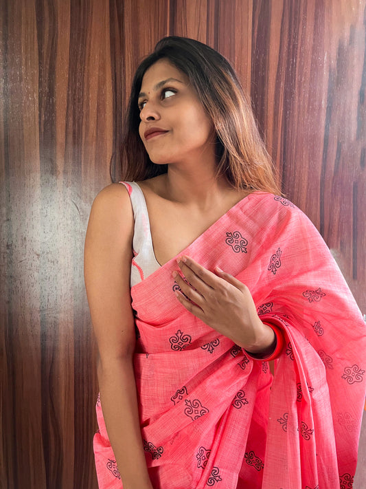 Pink Cotton Mulmul Saree with White Printed Blouse