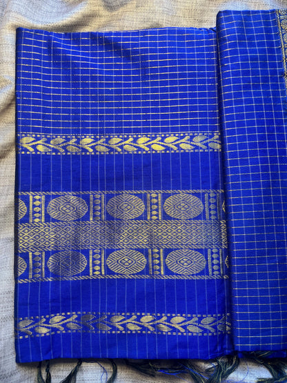 Navy Blue Soft Silk/ Cotton Mix Saree With Running Blouse