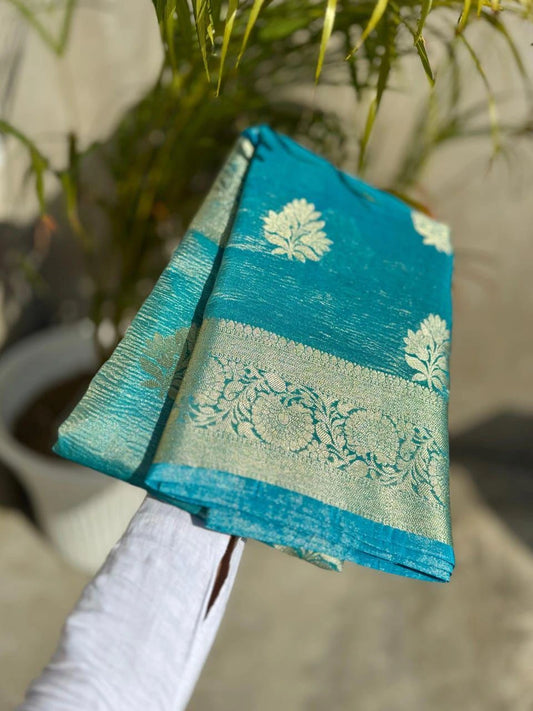 Crushed Semi Katan Tissue Saree - Light Blue Elegance