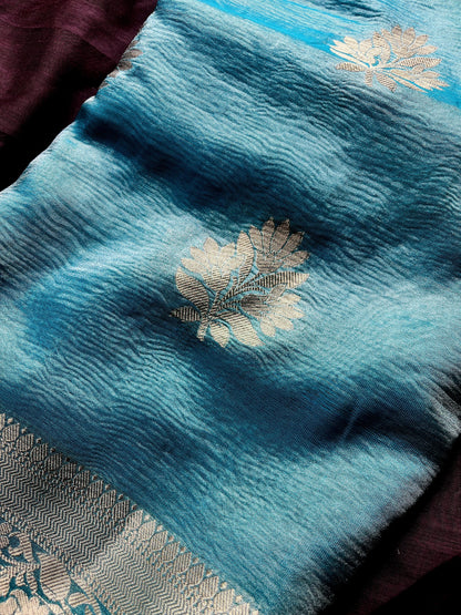 Crushed Semi Katan Tissue Saree - Light Blue Elegance