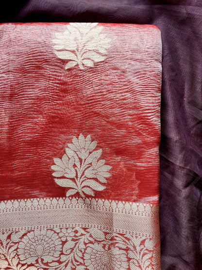 Crushed Semi Katan Tissue Saree – Radiant Orange Charm
