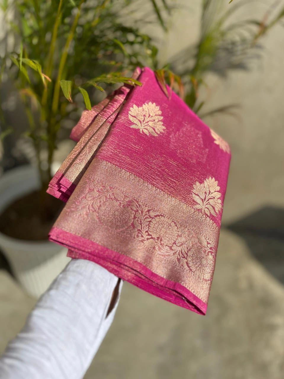 Crushed Semi Katan Tissue Saree – Graceful Pink Glow