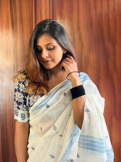 Front View of White and Blue Cotton Mulmul Saree