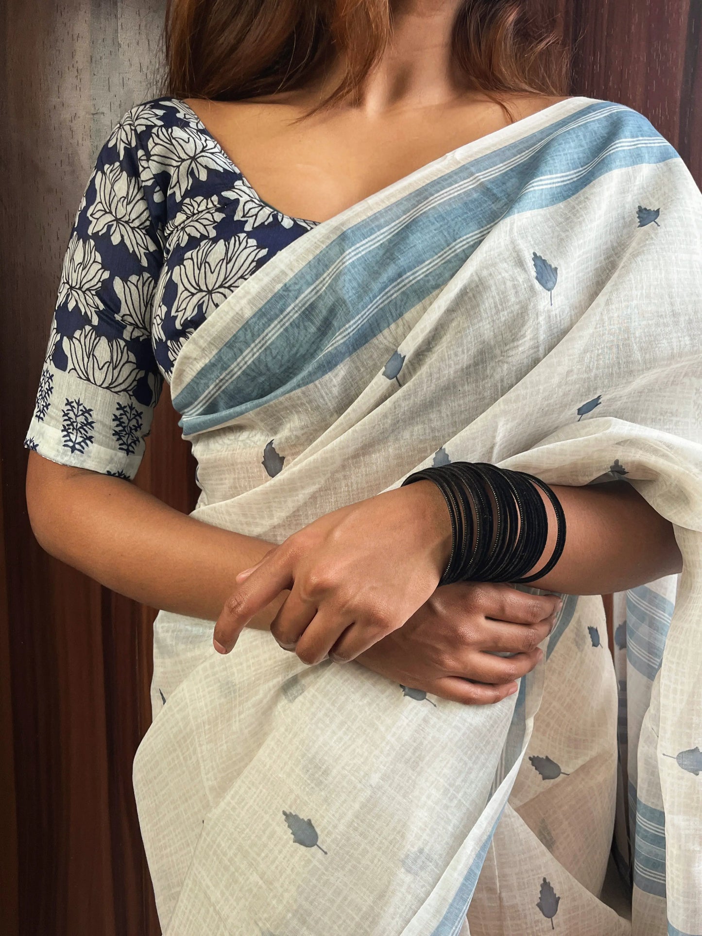 White and Blue_Cotton Mulmul Saree