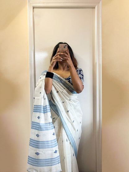 White and Blue_Cotton Mulmul Saree