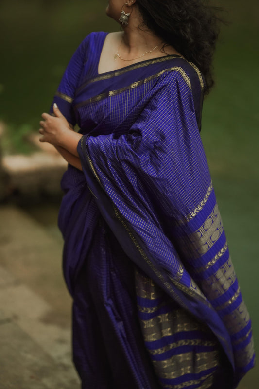 Navy Blue Soft Silk/ Cotton Mix Saree With Running Blouse